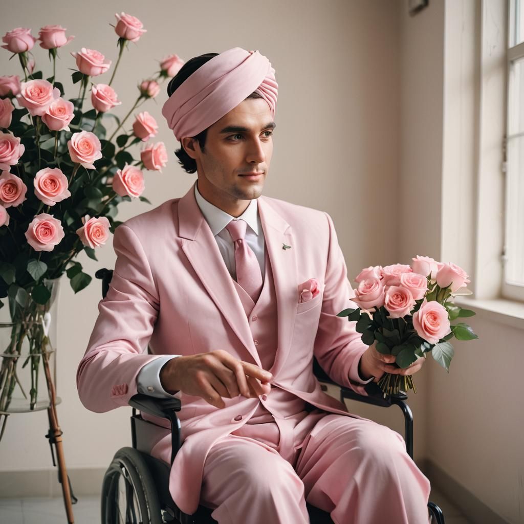 Man in Pink Tuxedo Gives Roses: Romantic Portrait