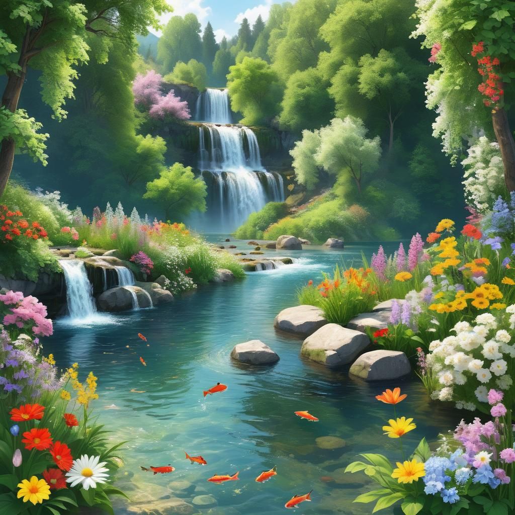 Lush Summer Landscape with Waterfall and Aquatic Life