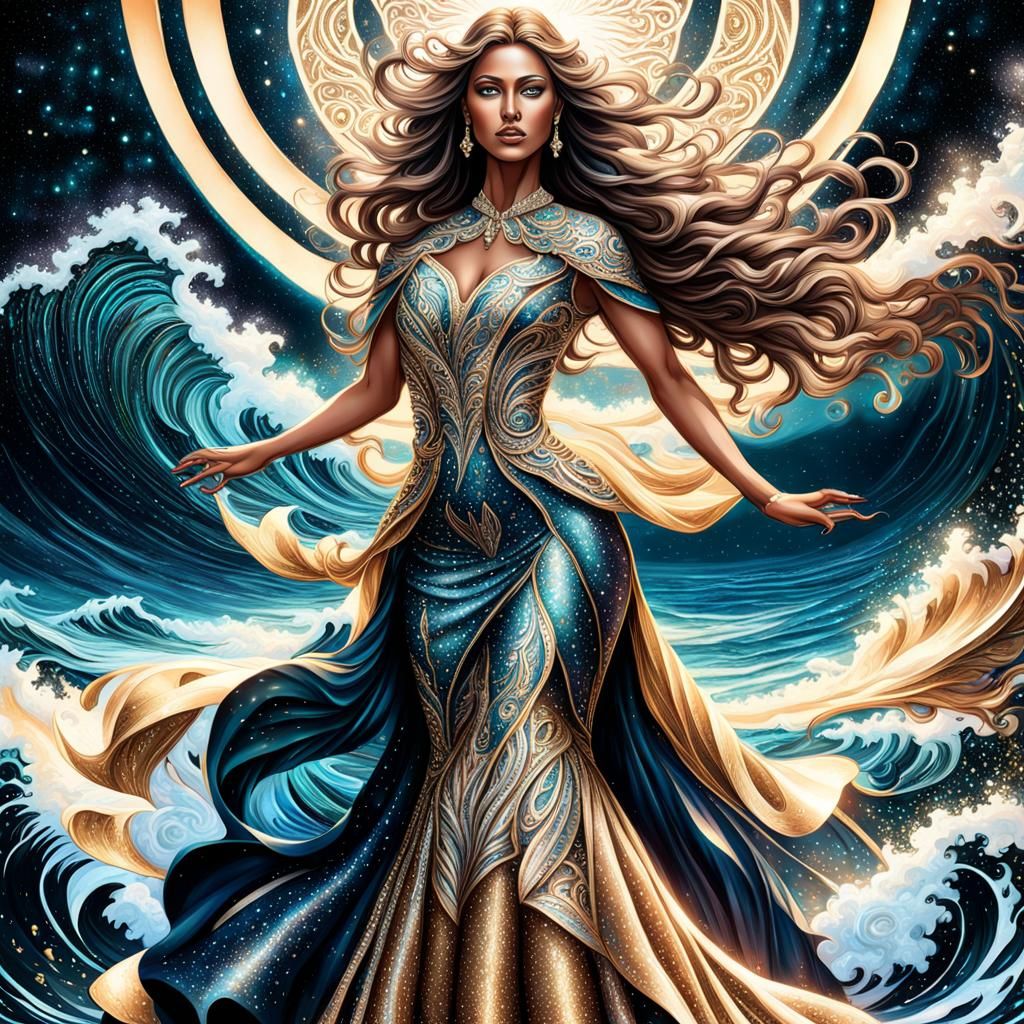 Goddess on the Rocks with Giant Wave