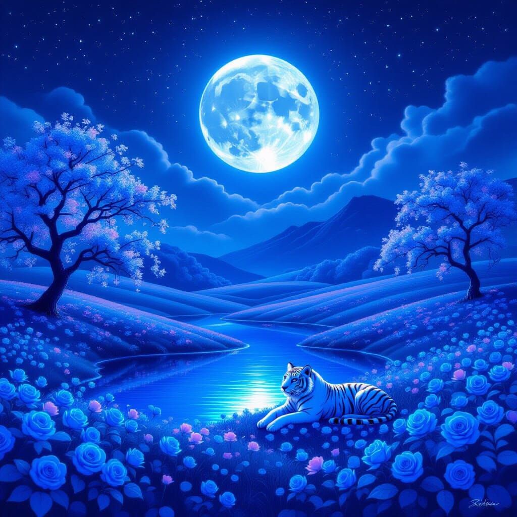 Dreamlike Blue Landscape With White Tiger Under Sapphire Moo...