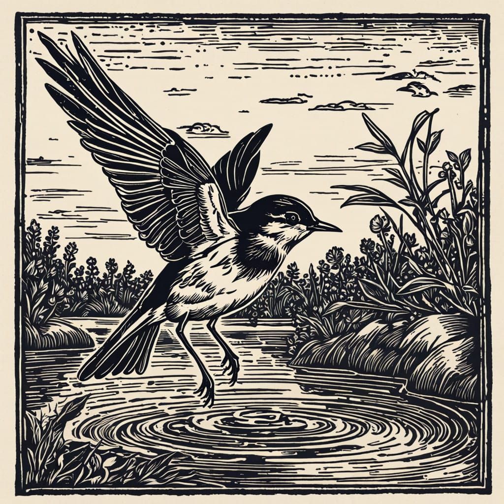 A Small Wagtail Jumps on a Sparkling Puddle in Woodcut Style