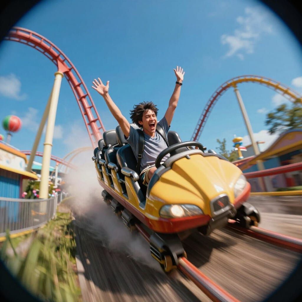 Exhilarated Rider on Rollercoaster Cresting Hill