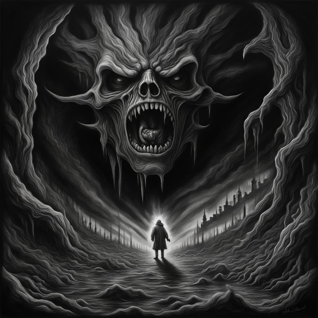 Terrifying Descent: Charcoal Drawing of a Dark Abyss