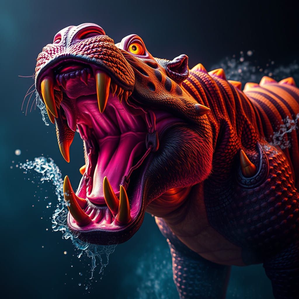 Surreal Tiger-Hippo-Crocodile Hybrid in Dark Fantasy Concept...