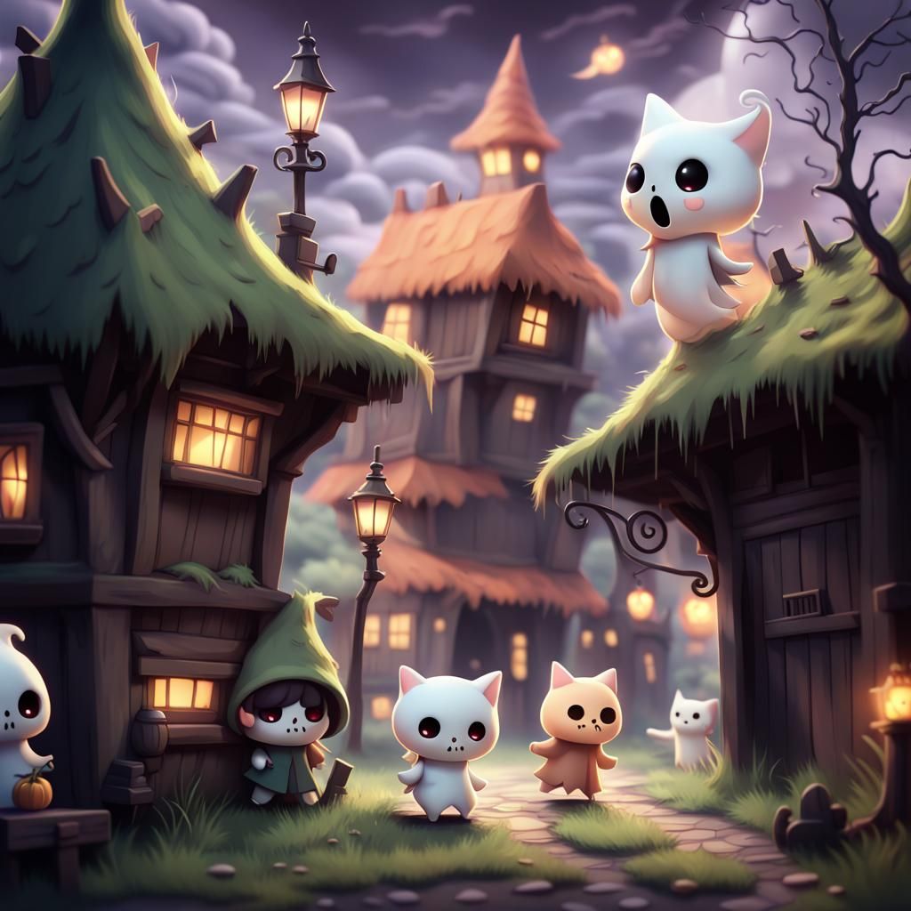 Chibi Ghosts Celebrate Halloween in Haunted Village