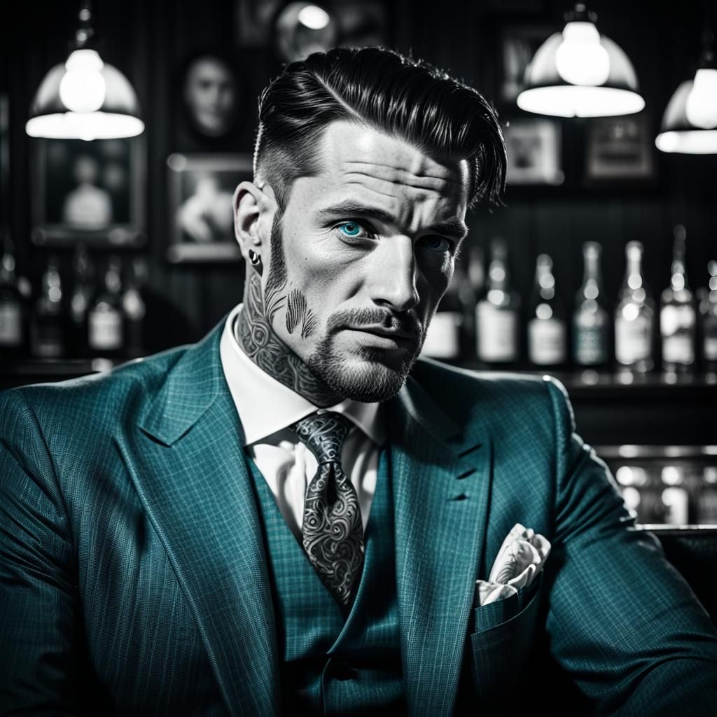 Monochrome Portrait of Tattooed Man in 1930s Suit