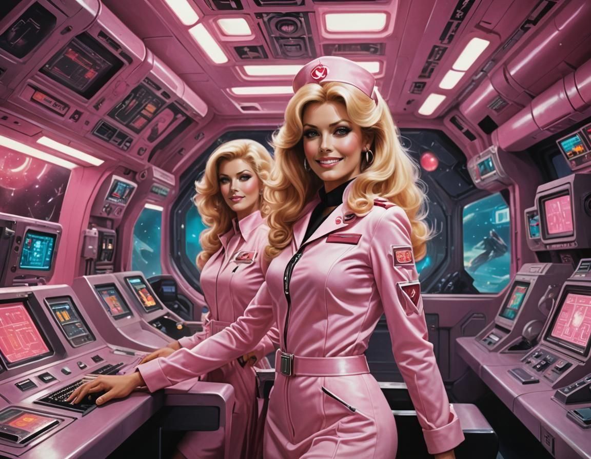 Retro-Futuristic Nurse in Space Station, Mixed Media Art