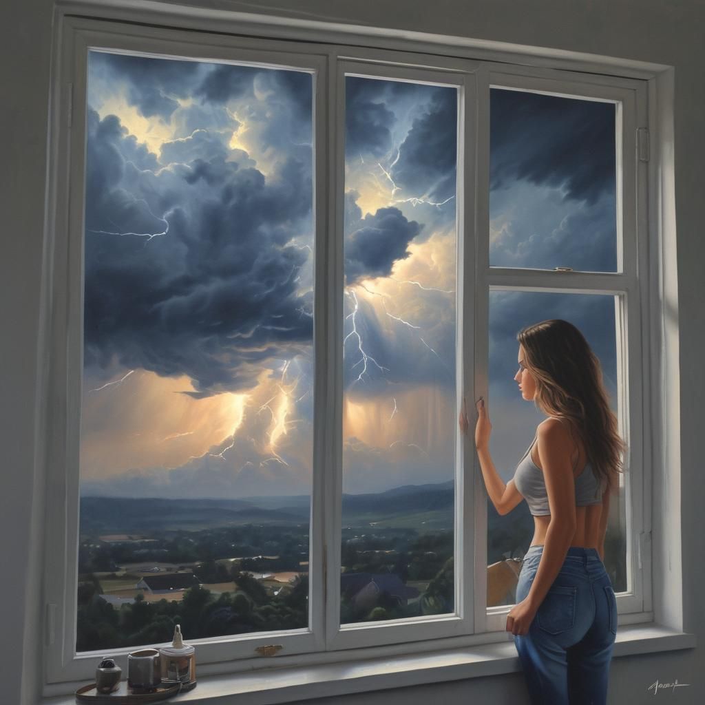 Hyperrealistic Oil Painting: Lightning Through a Window