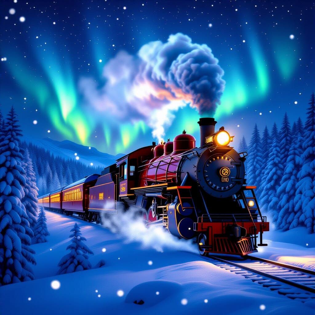 Majestic Crimson Steam Train on Snowy Night