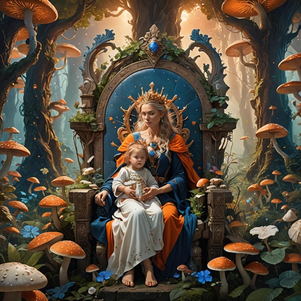Celestial Throne: Mother and Child in Mystical Garden