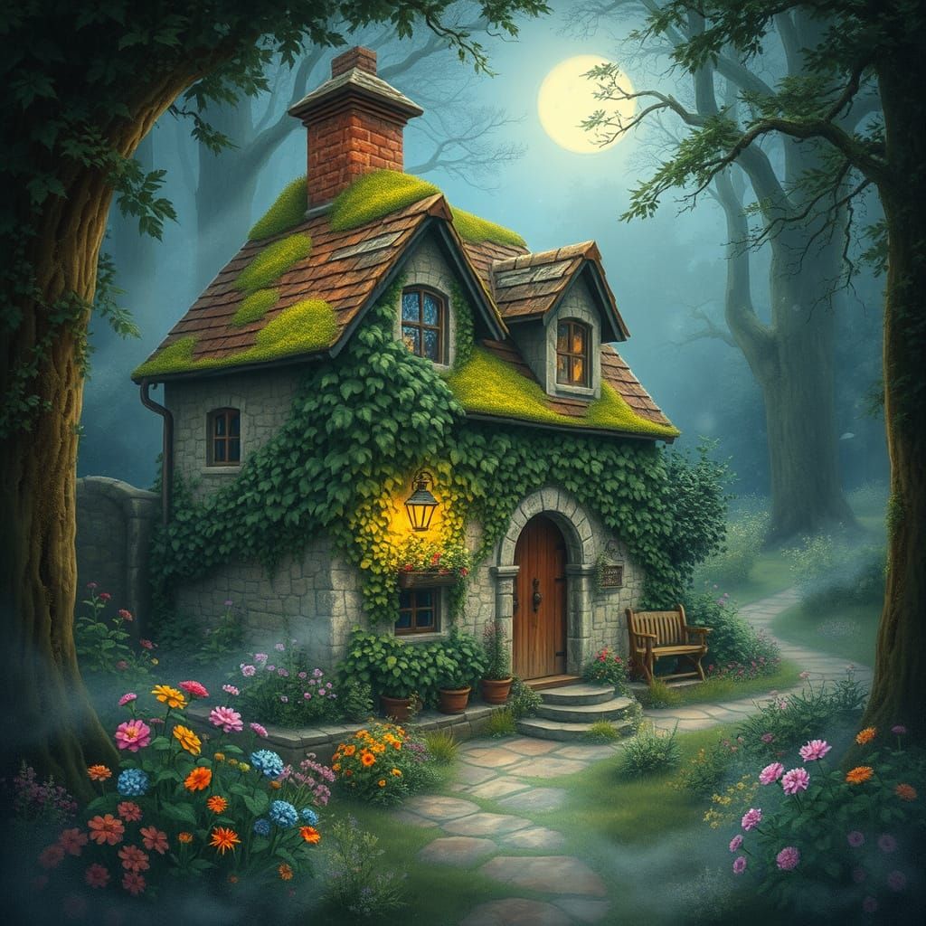 Enchanted Cottage in Moonlit Forest