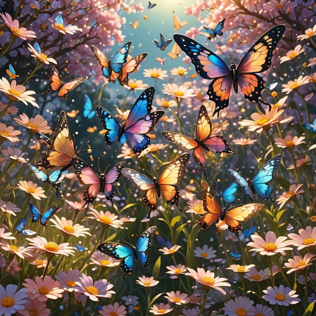 Black Fairies Fly Over Flower Field in Anime Art