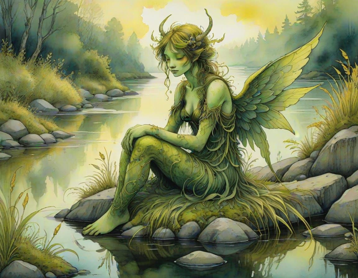 Grass Demon Angel on Riverbank in Watercolor and Ink