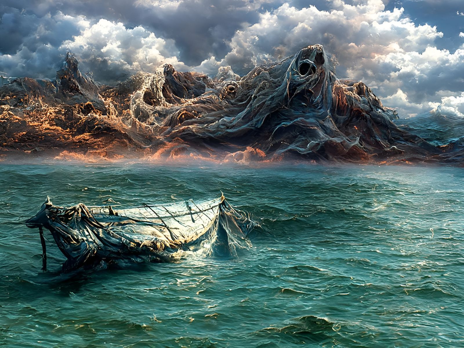 Ghost Ship on Hellish Seas: Eerie Seascape Art