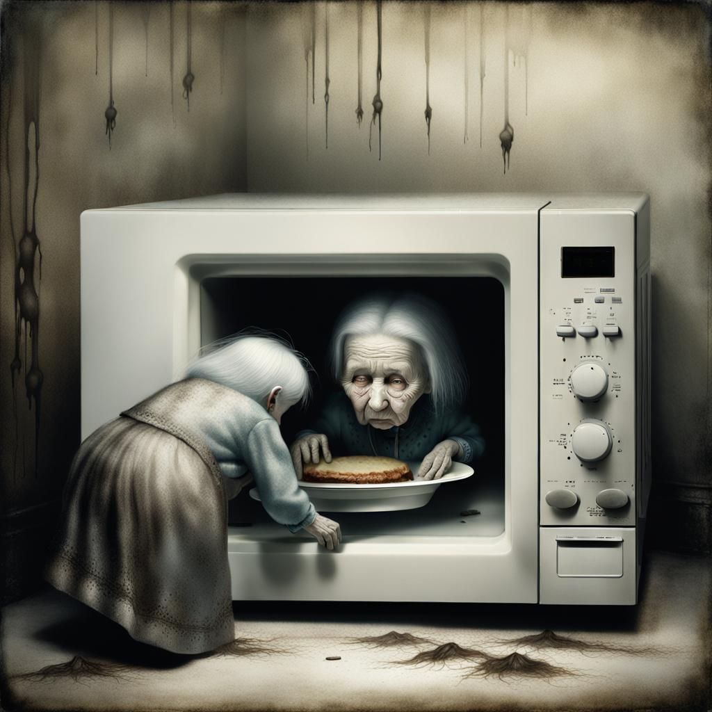 Sad Woman Enters Giant Microwave: Moody Photo