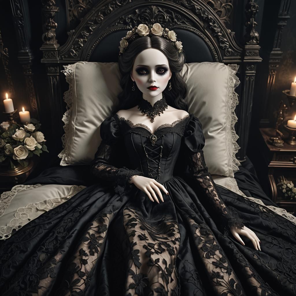 Gothic Porcelain Doll on Funeral Bed