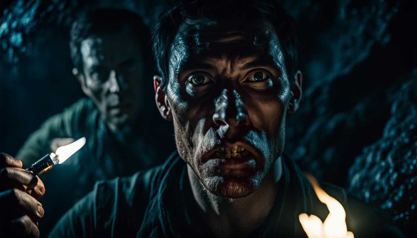 (a young man in a dark cave, closeup of face, holding a ligh...