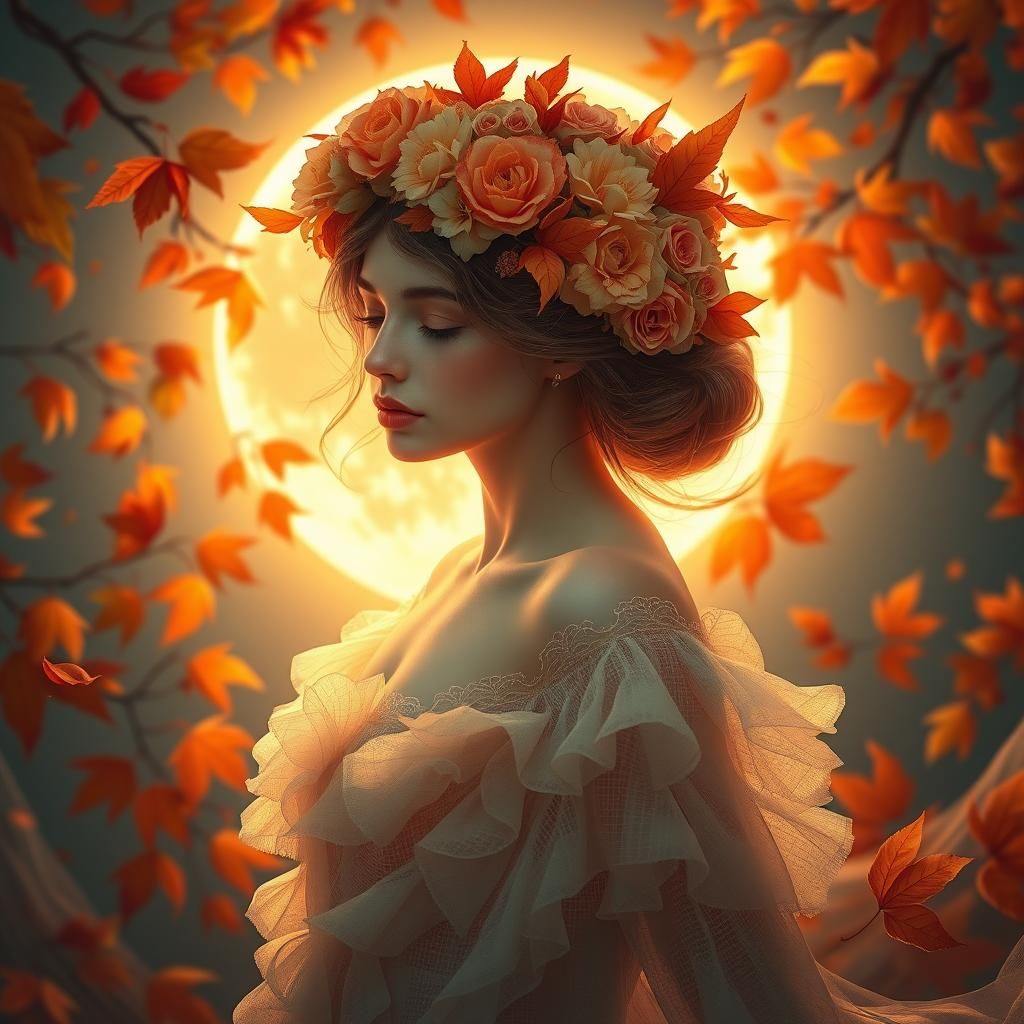 Ethereal Autumn Woman Dancing Under the Moon