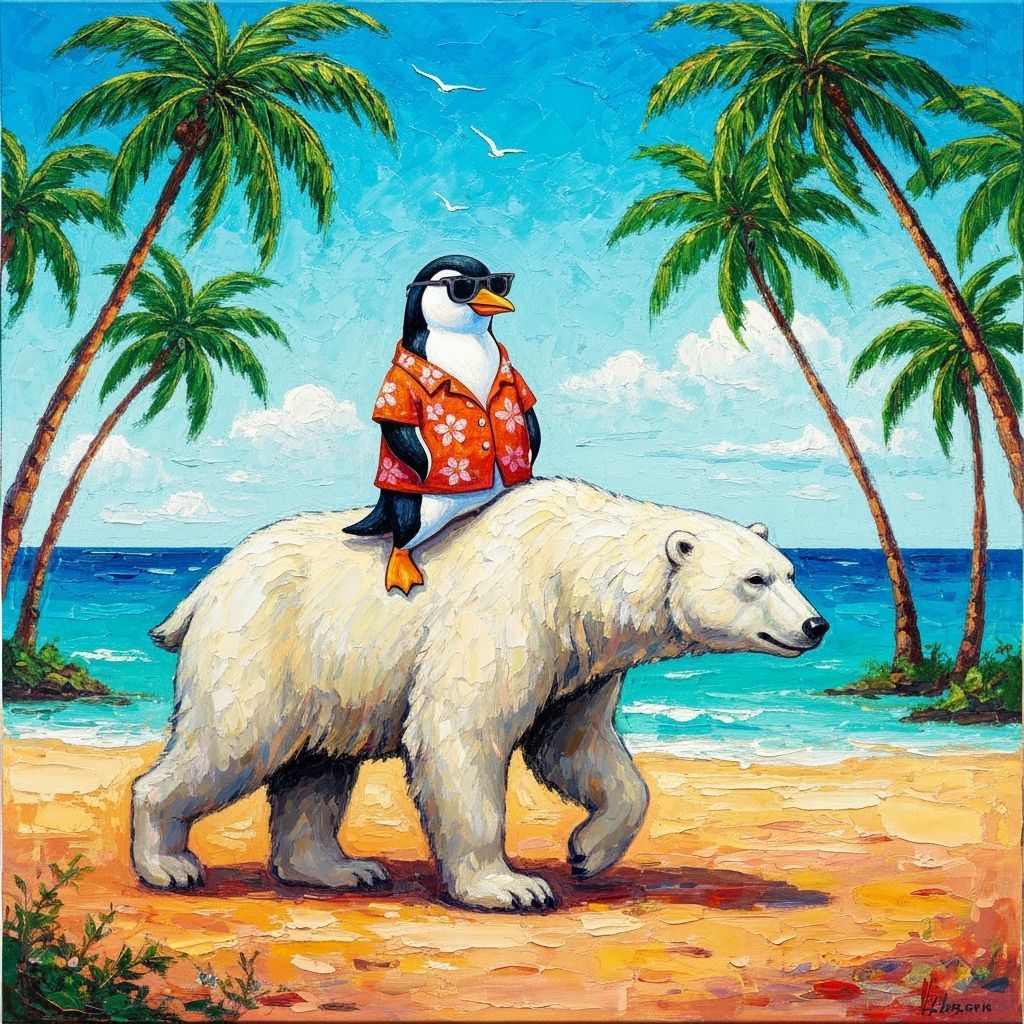 Penguin & Polar Bear on Tropical Beach Vacation
