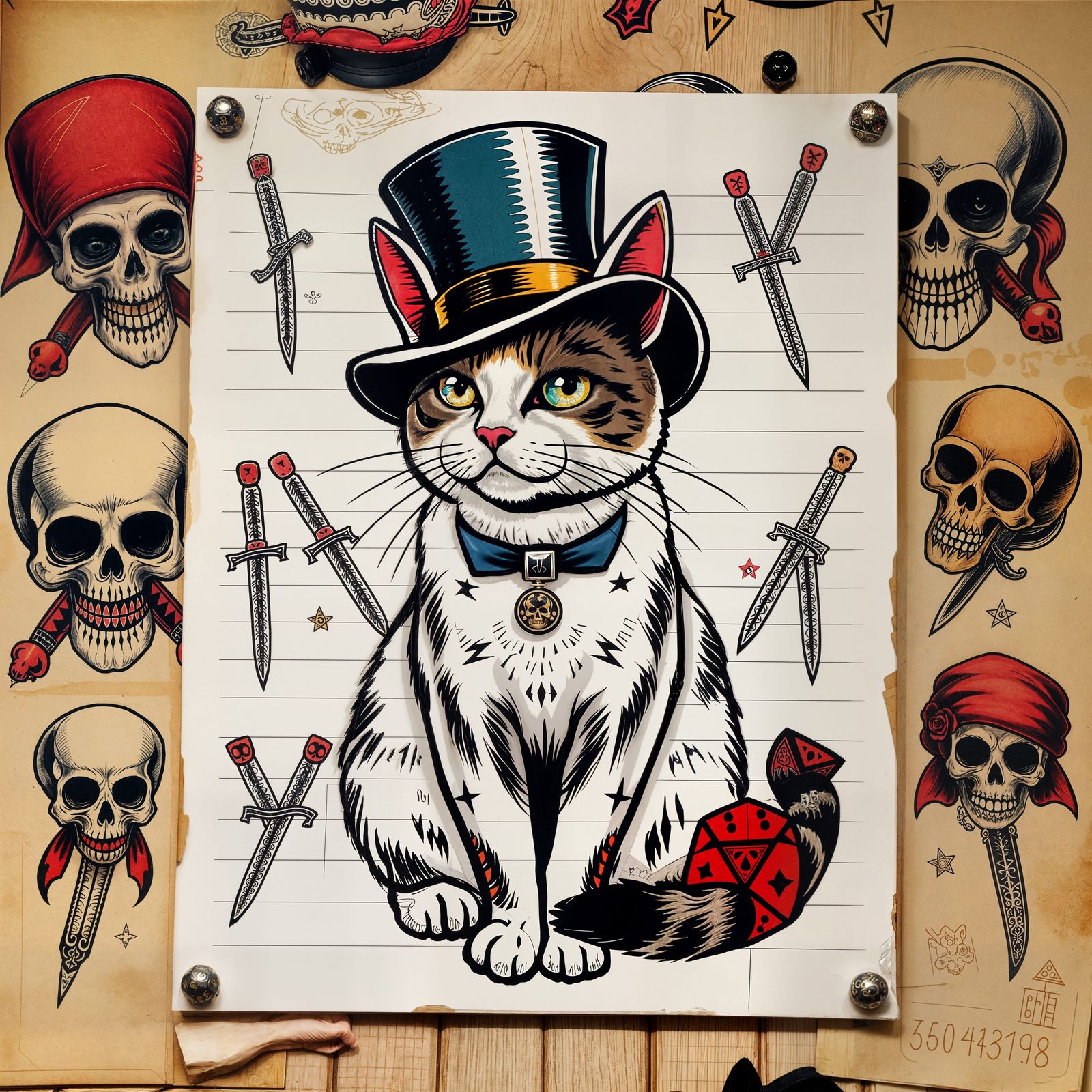 Top Hat Cat with Traditional Flash Tattoos