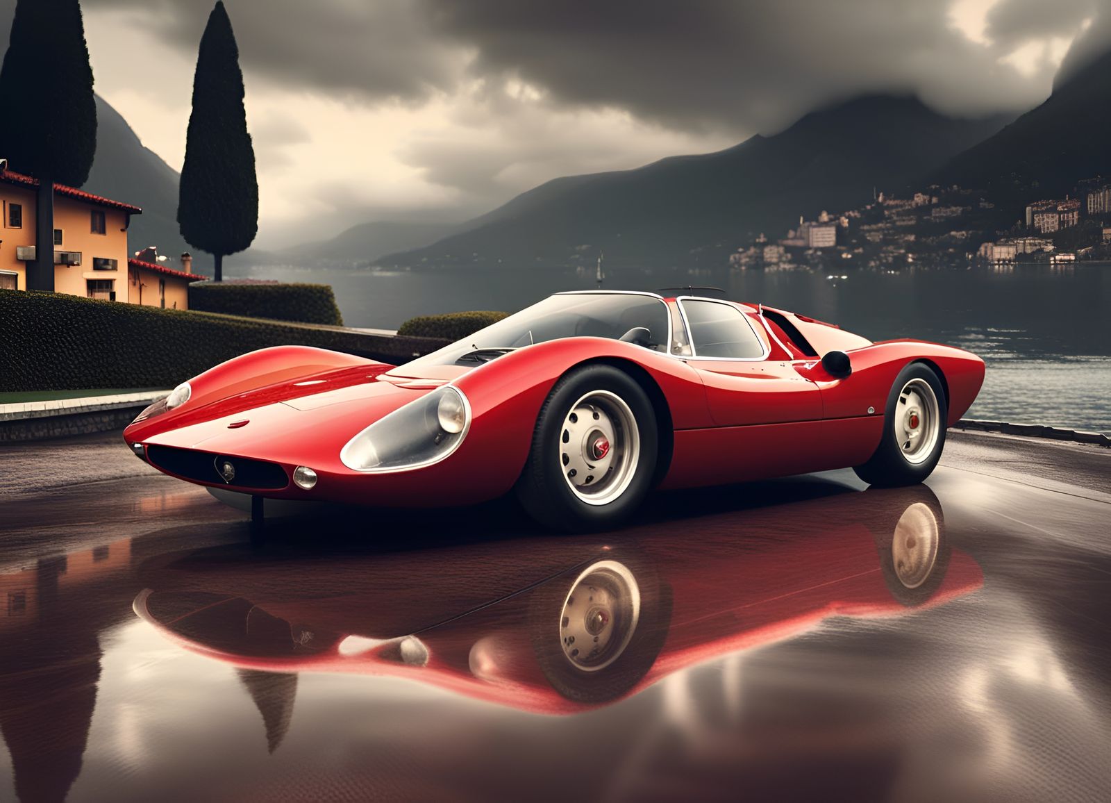 Alfa Romeo 33 Stradale at Lake Como in Photorealistic Style