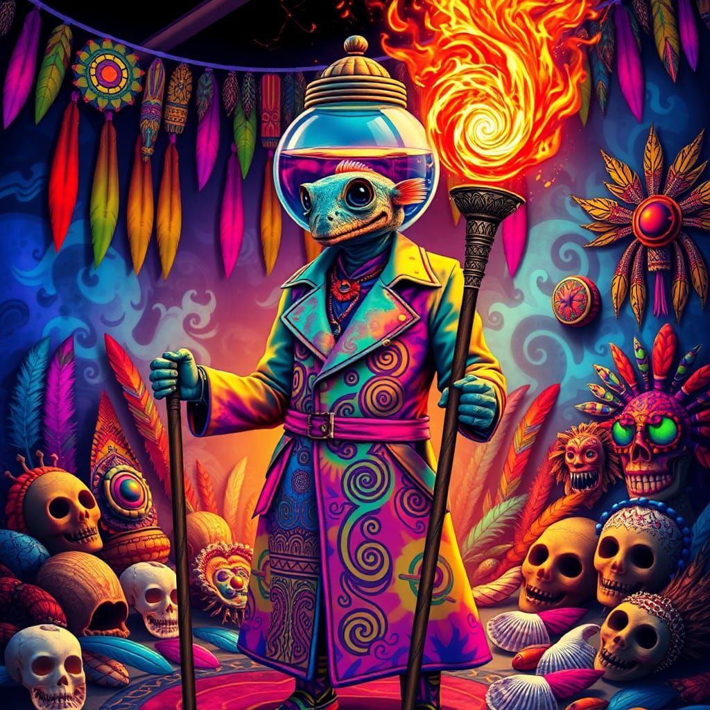 Humanoid Angelfish Figure in Psychedelic Tribal Scene