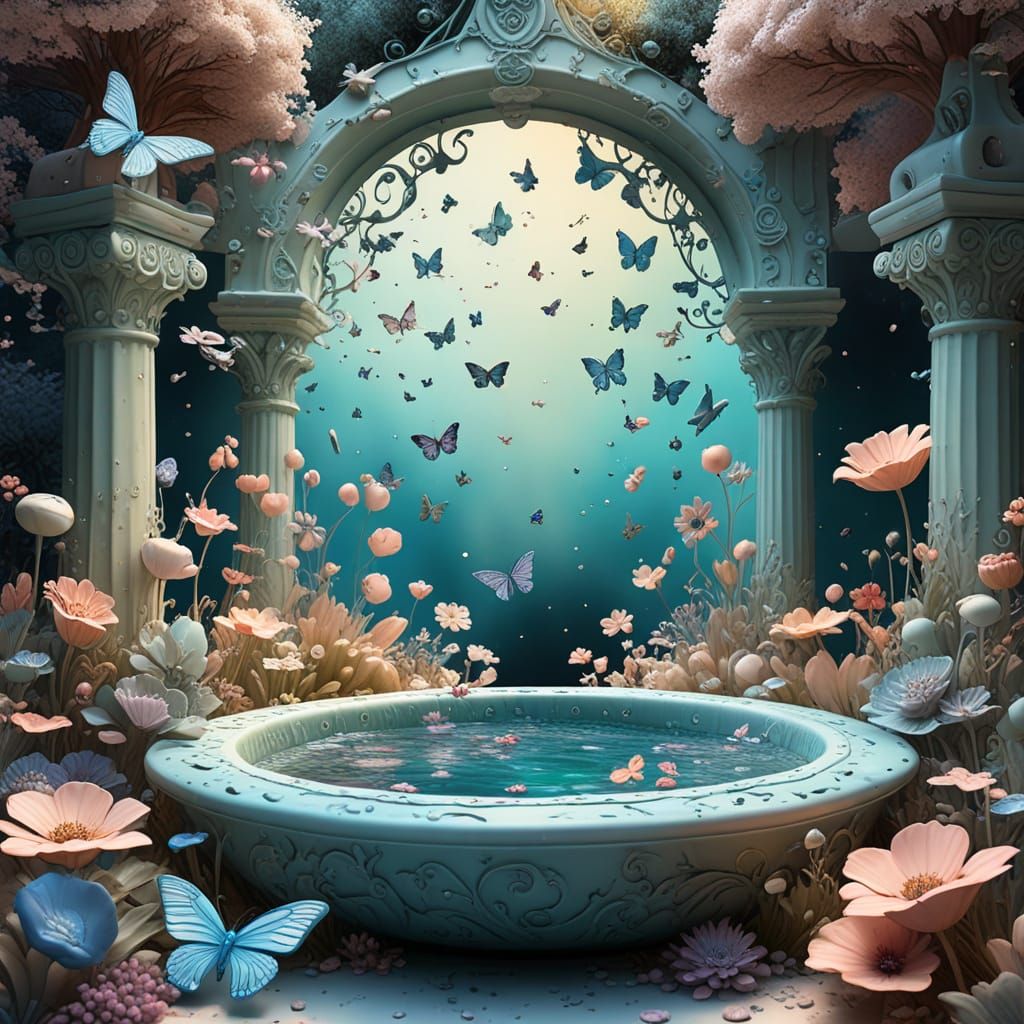 Whimsical Garden of Iridescent Ceramic Flowers and Butterfli...