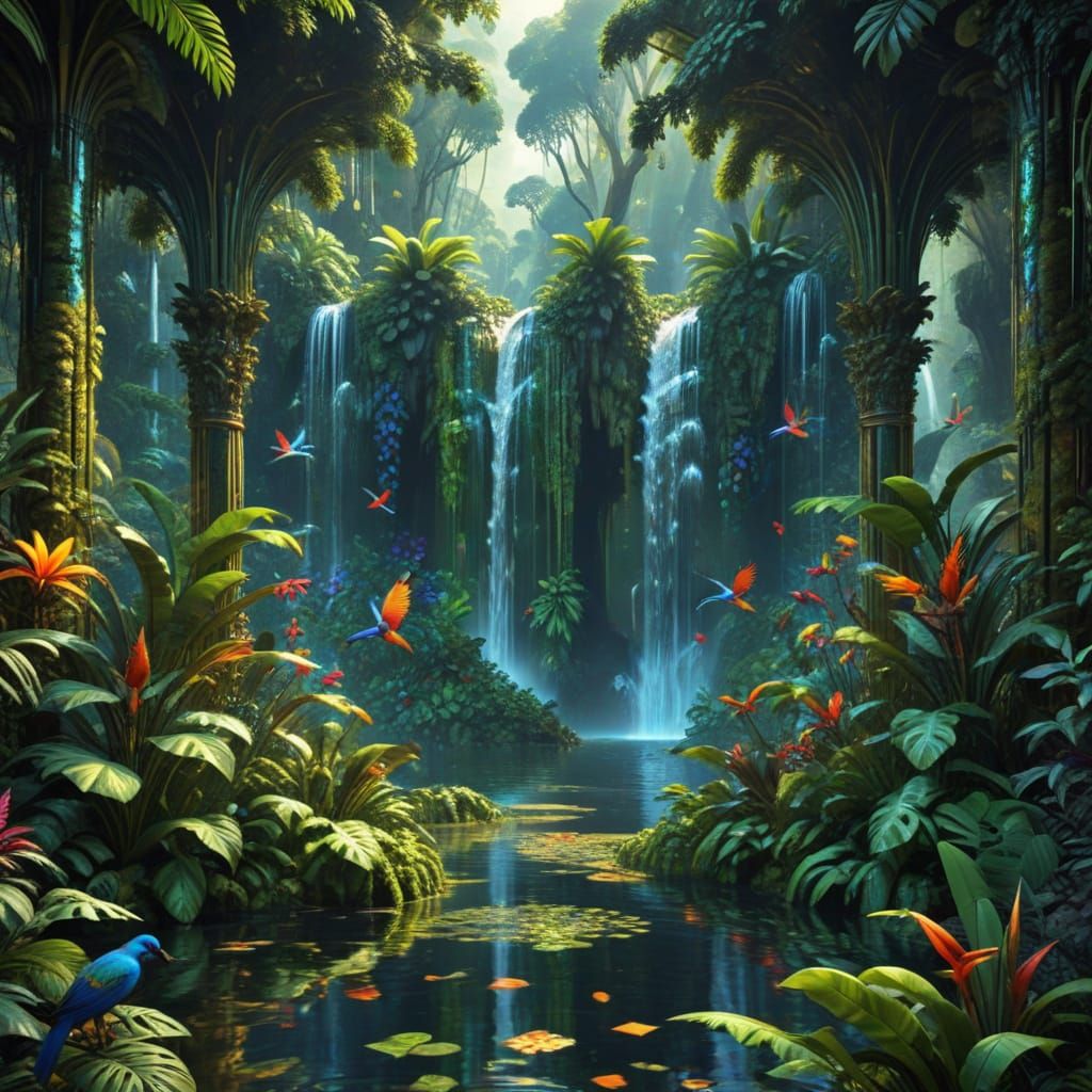 Fractal Kaleidoscope of a Lush Jungle Waterfall