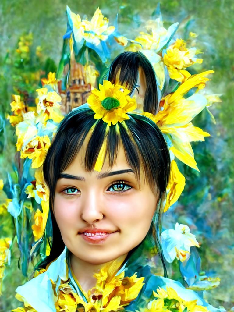 Asian girl wearing daffodils like the sun (NSI)