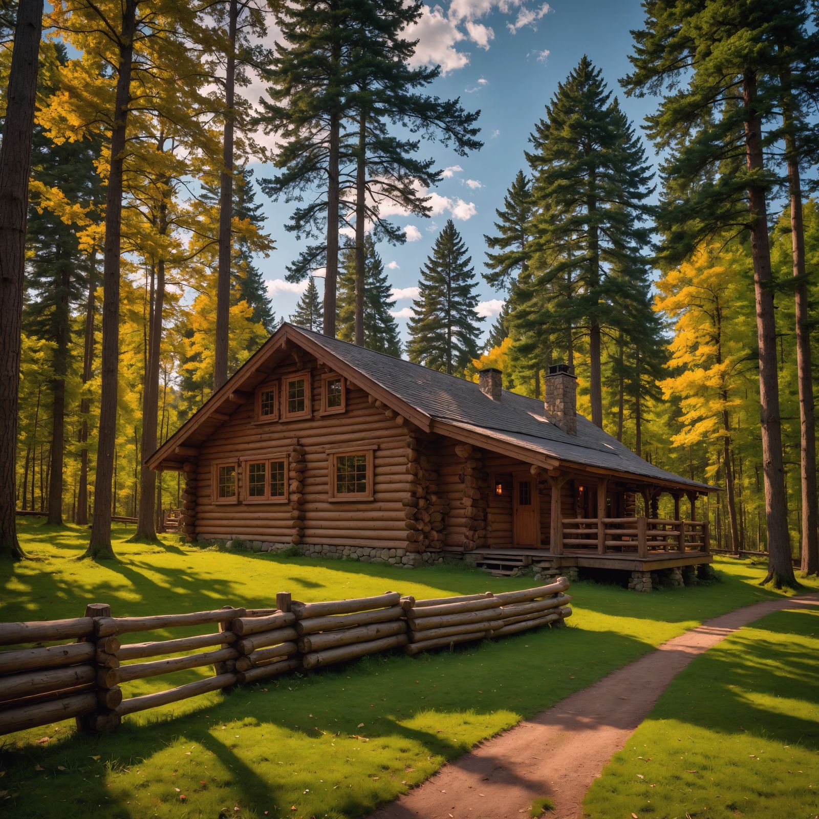 Surreal Log Cabin in Woods, Hyperrealistic Photography