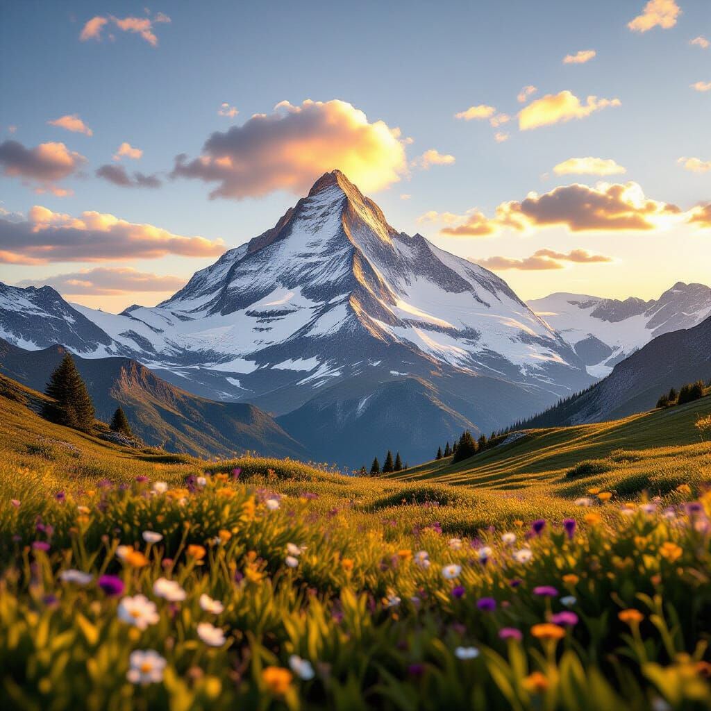 Majestic Snow-Capped Mountain at Sunset with Alpine Meadow