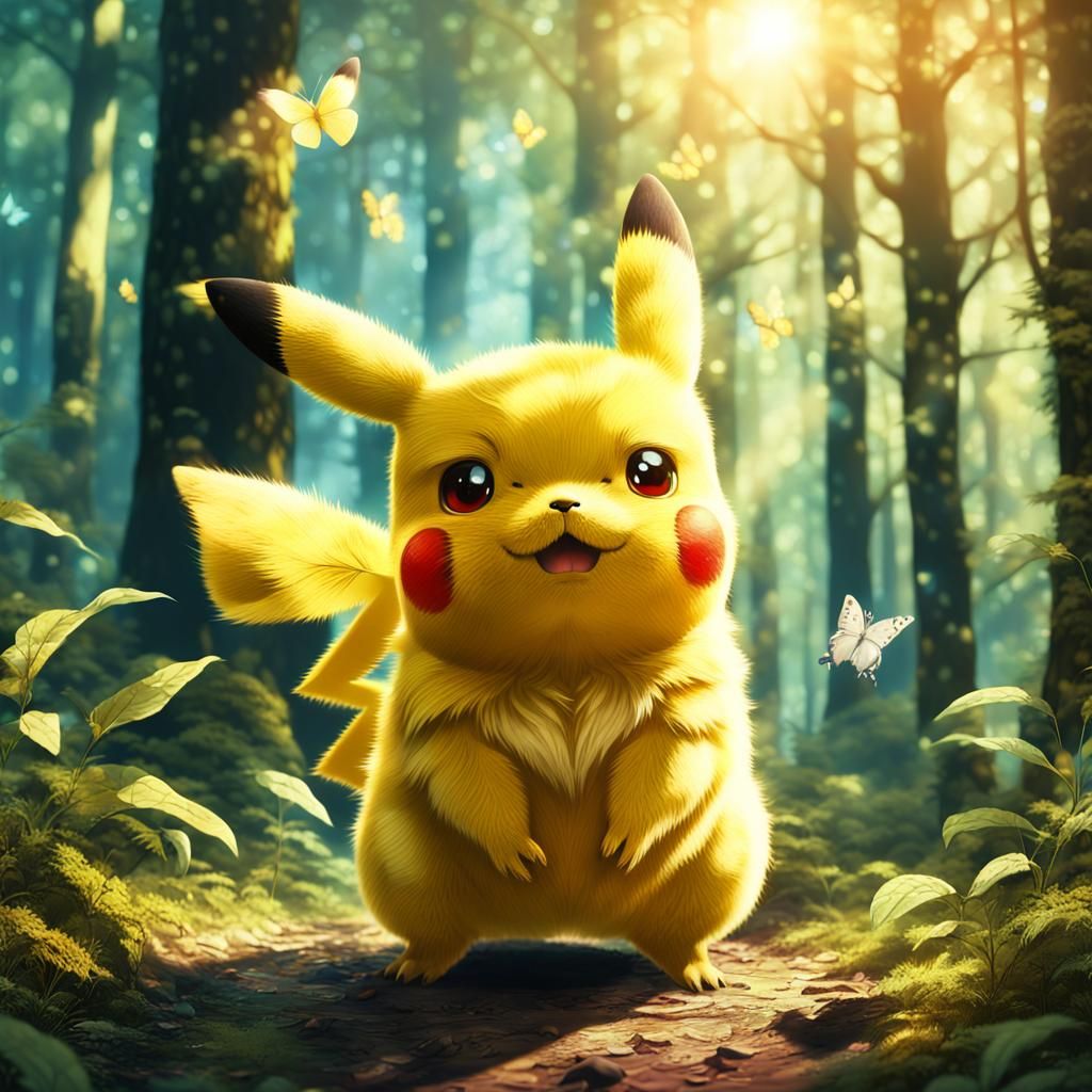 Pikachu in Sunny Forest: Anime Style Portrait