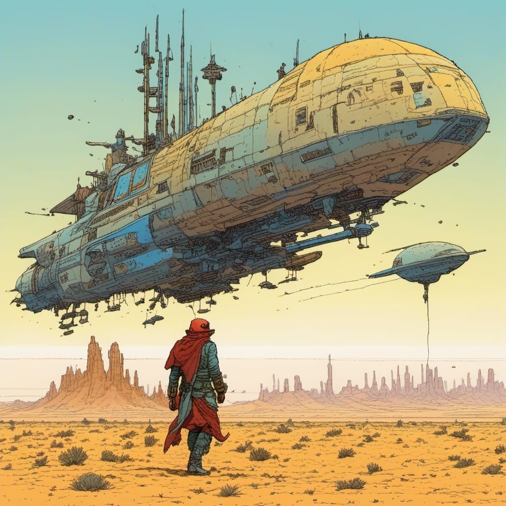 Desert Rider on Futuristic Flying Machine