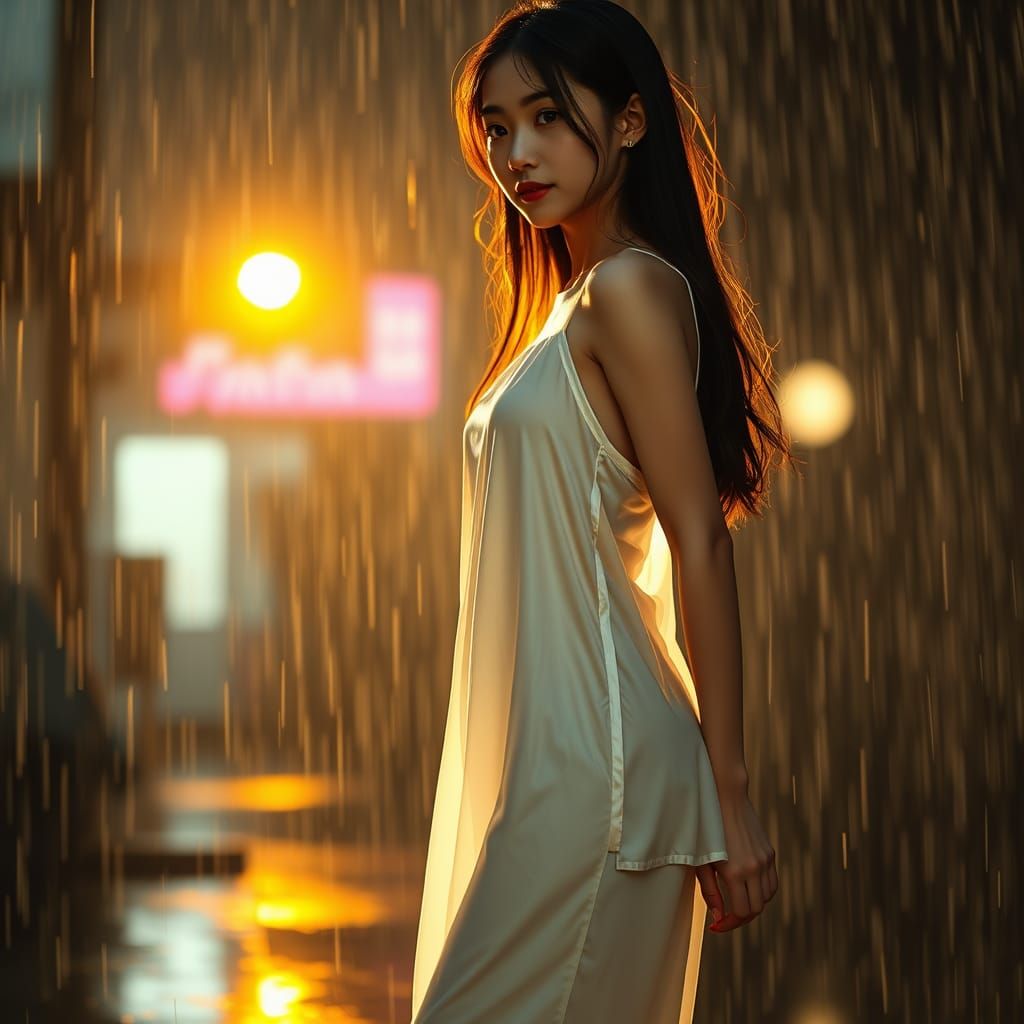 A young  woman standing in heavy rain at night