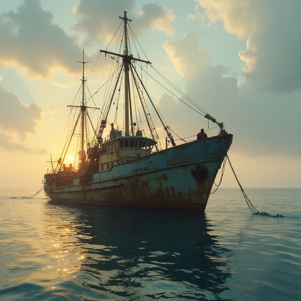 Dawn Fishing Trawler Hauls Catch on Calm Seas