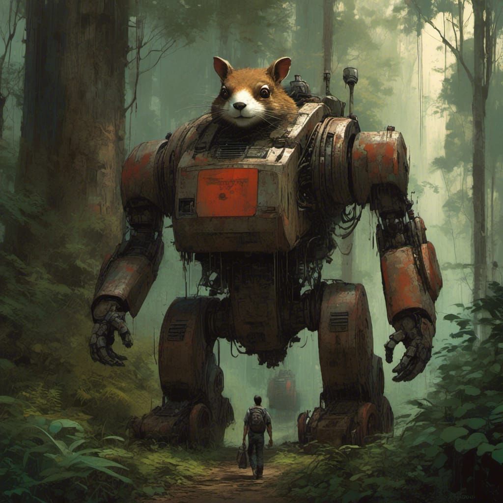 Robot Giant in Forest with Squirrel, Concept Art Style