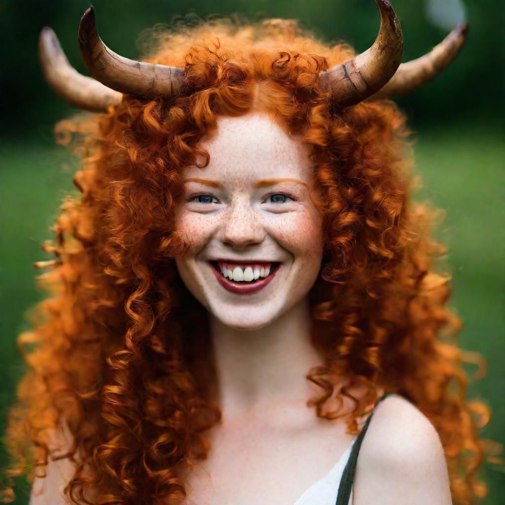 Cheerful Ginger Girl with Horns Portrait