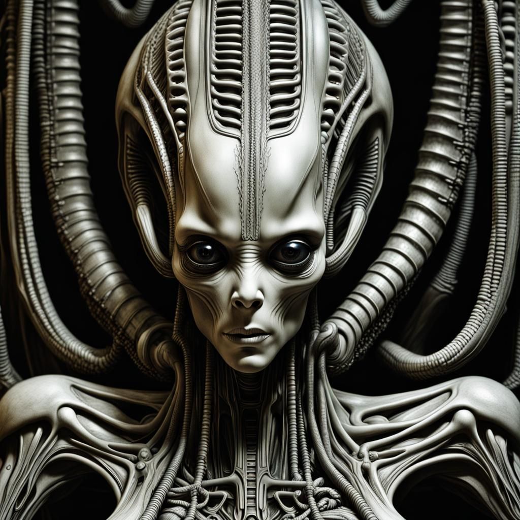 Art by H.R. Giger, humanoid Alien (1979) closeup of the mother alien, terrifying intricate details, HDR, beautifully sho...