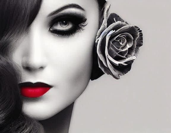 Ink Line Art Portrait of Woman with Red Lips and Black Rose