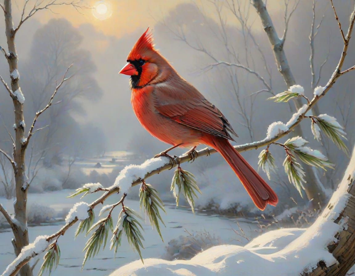 Solitary Cardinal in Snowy Winterscape Oil Painting