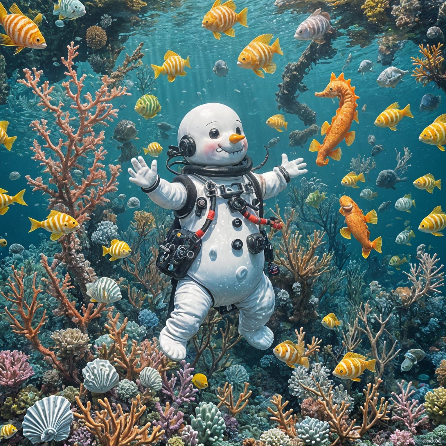 Snowman's Underwater Adventure with Seahorse