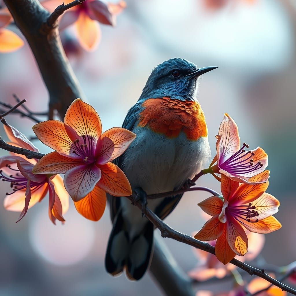 oil painting of majestic bird setting on tree branch full of...