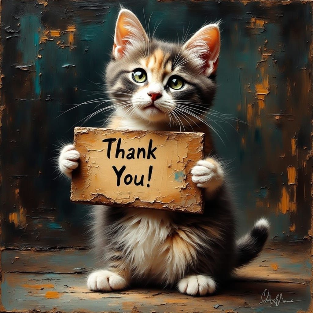 Tiny Pearl Cat Says Thank You in Impasto Style