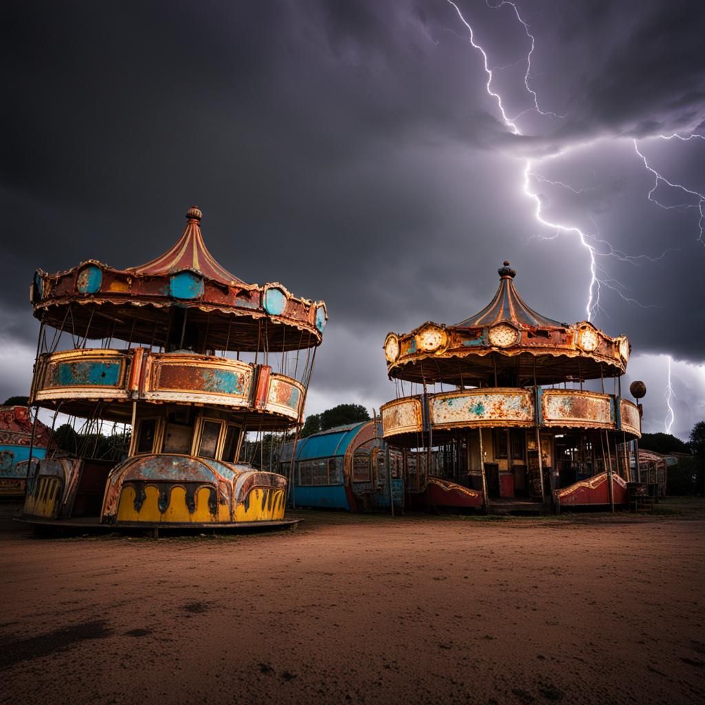 Derelict Funfair with Lightning and Rust Details