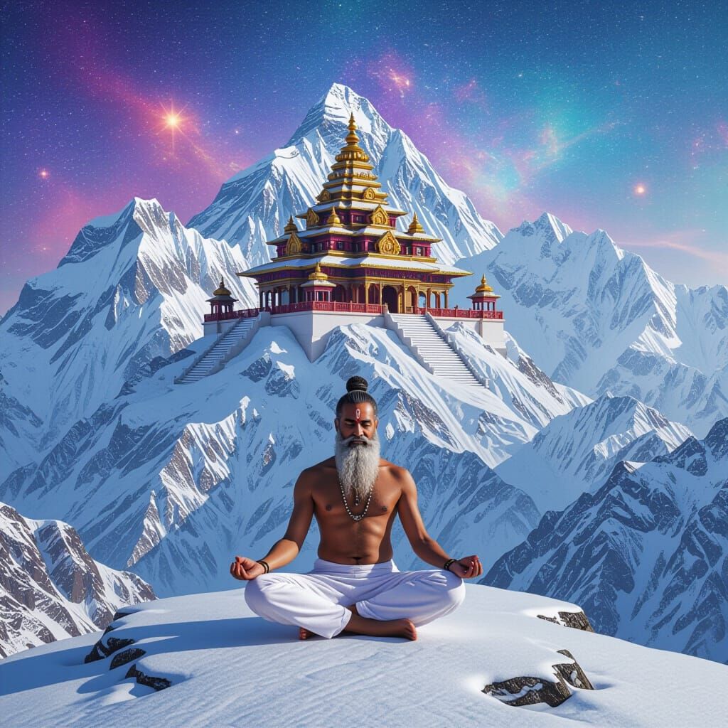 Majestic Himalayan Temple with Yoga, in Mixed Media Style