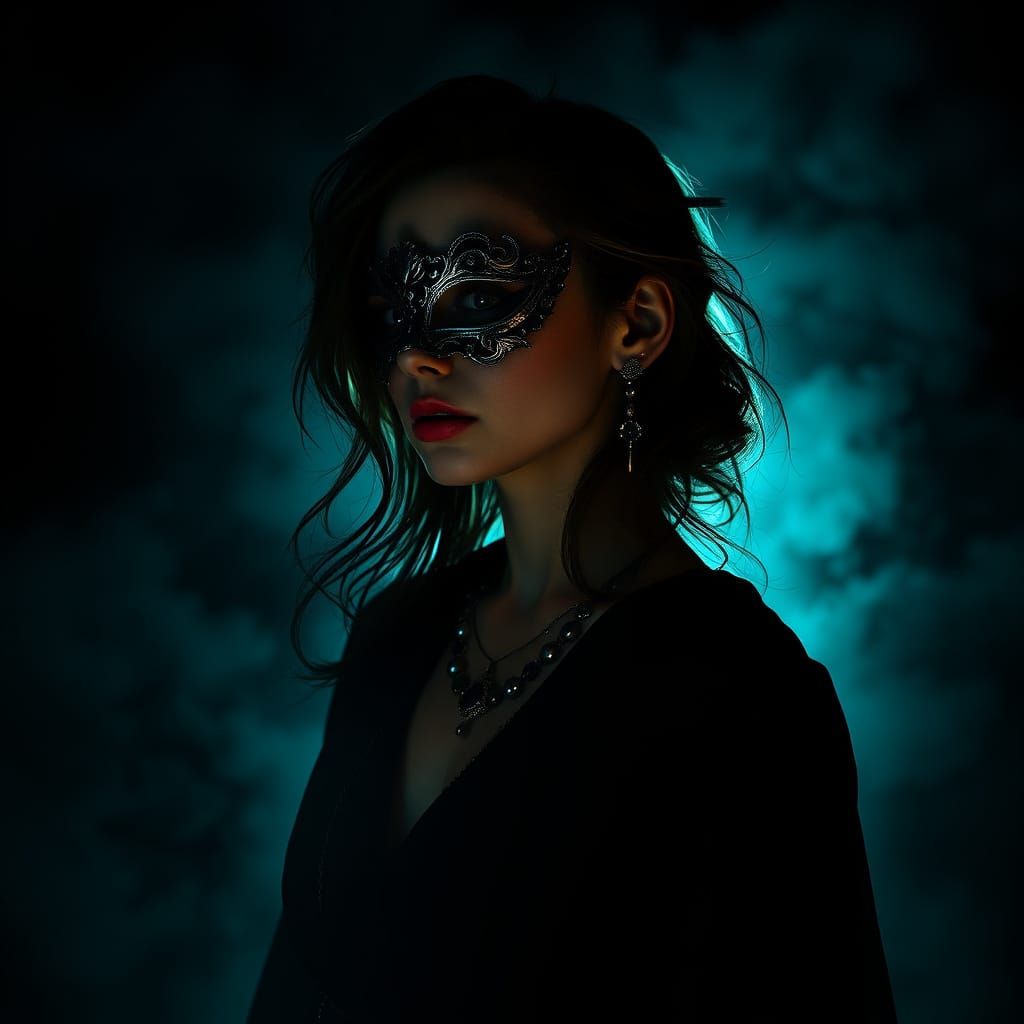 Surreal Female Silhouette in Shattered Mirrors and Dark Mist