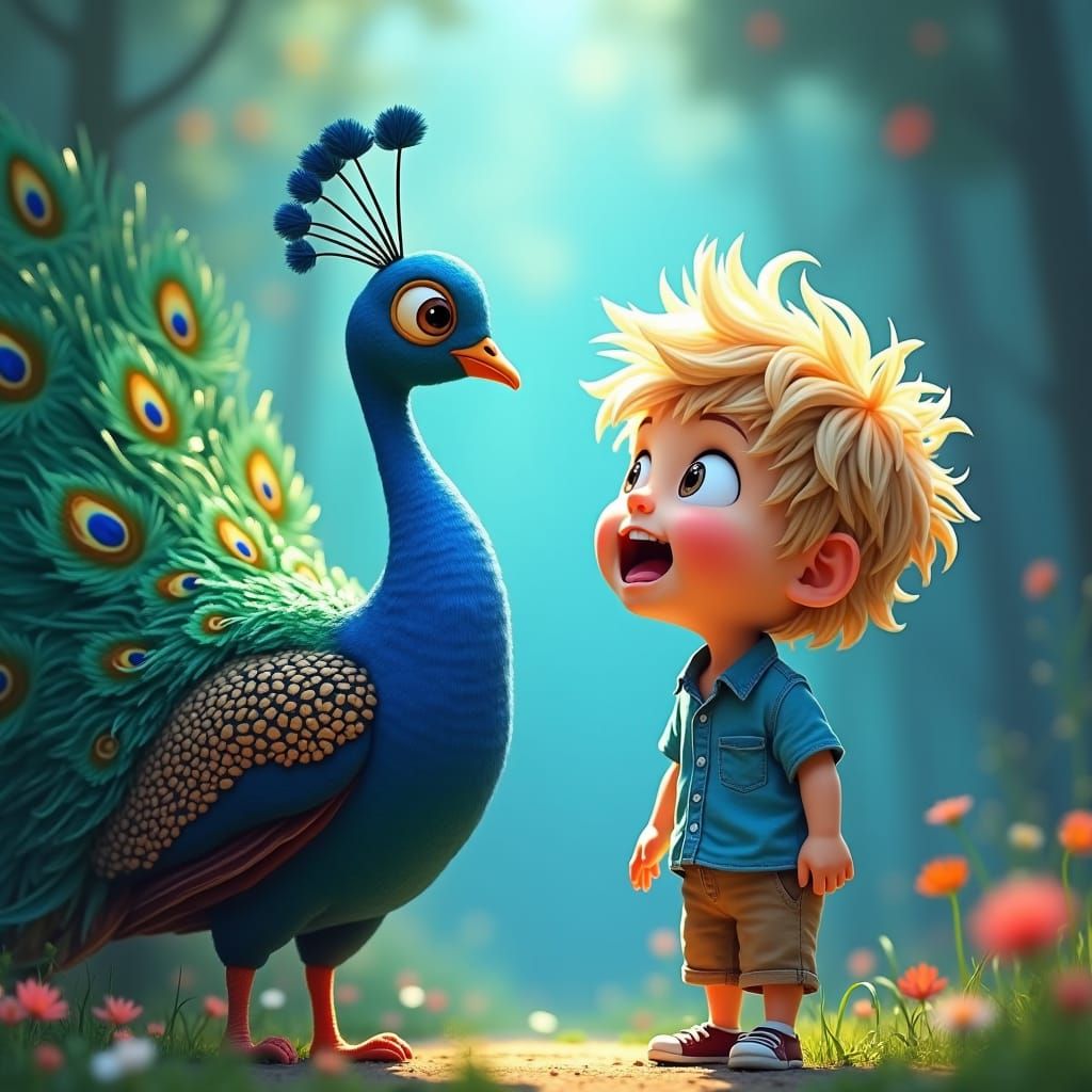 Boy and Peacock: Cartoon Art Inspired by Fantasy