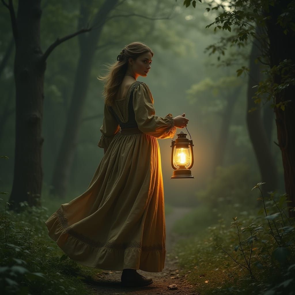 Medieval Maiden Basks in Golden Glow of Lantern