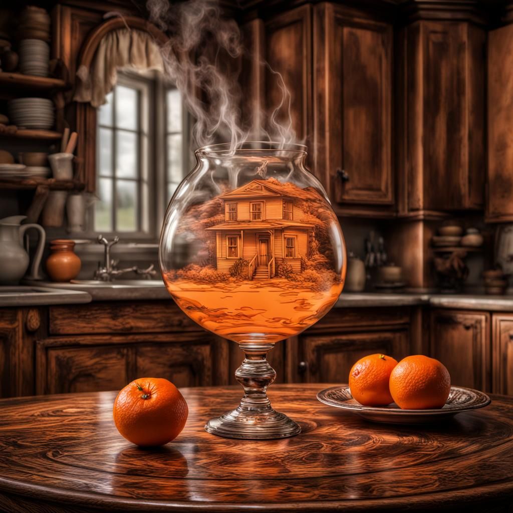Tornado in Orange Drink on Antique Table