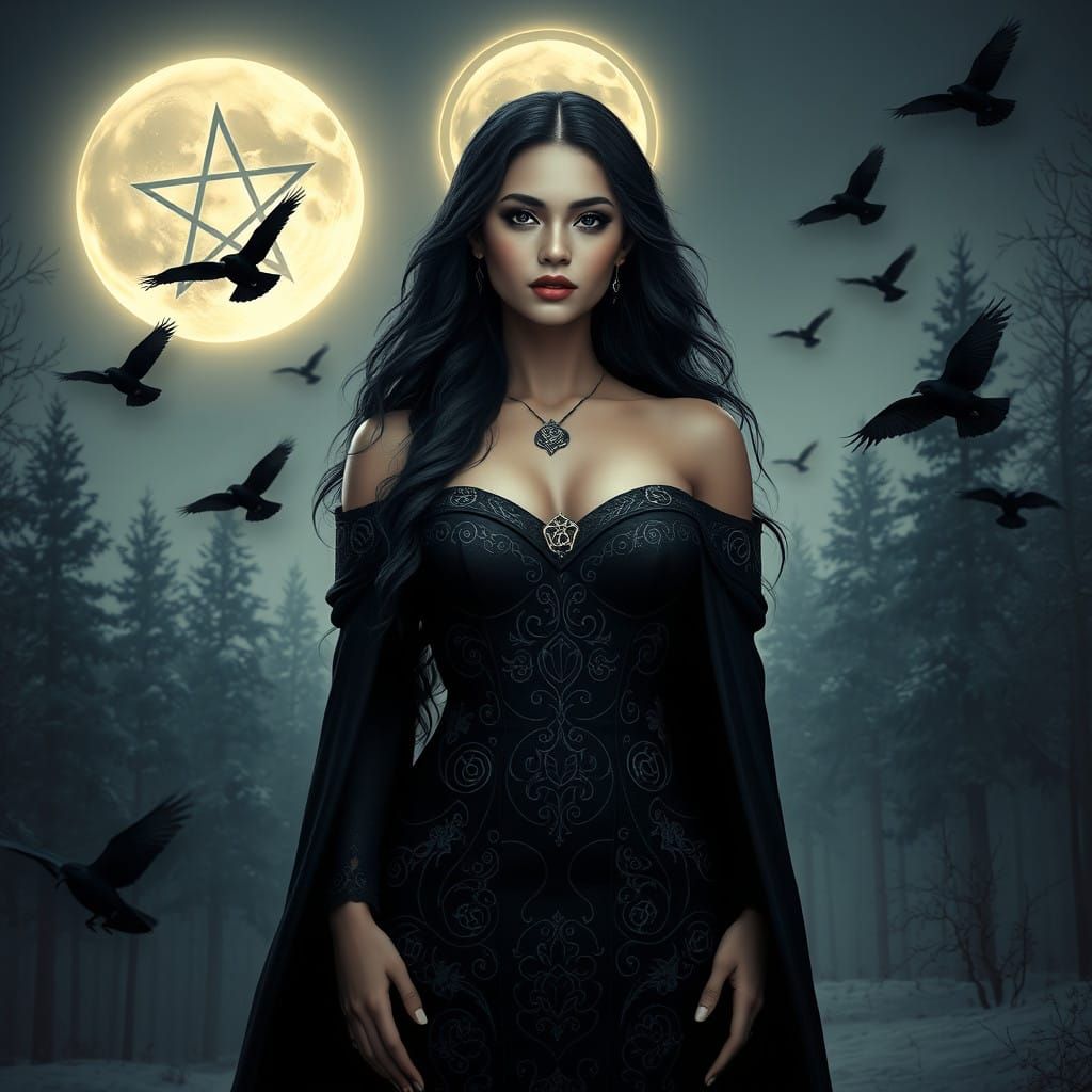 Majestic Female Goddess in Winter Forest, Rendered in Dystop...